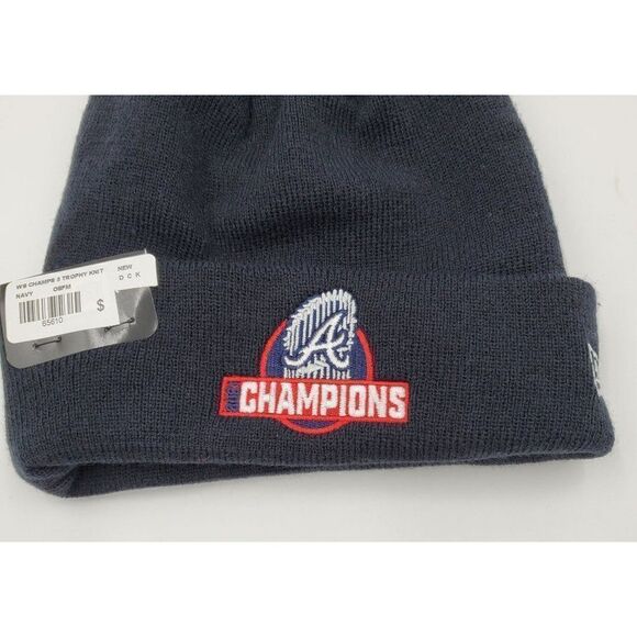 New Era Atlanta Braves Beanie Hat World Series Trophy Cap Pom Pom Navy Blue New - Picture 2 of 7